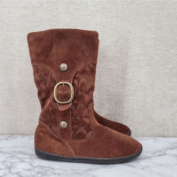 Coach Meyer Mid Winter Boots Brown Logo Signature Suede Women's Size 8.5 - Picture 1 of 15